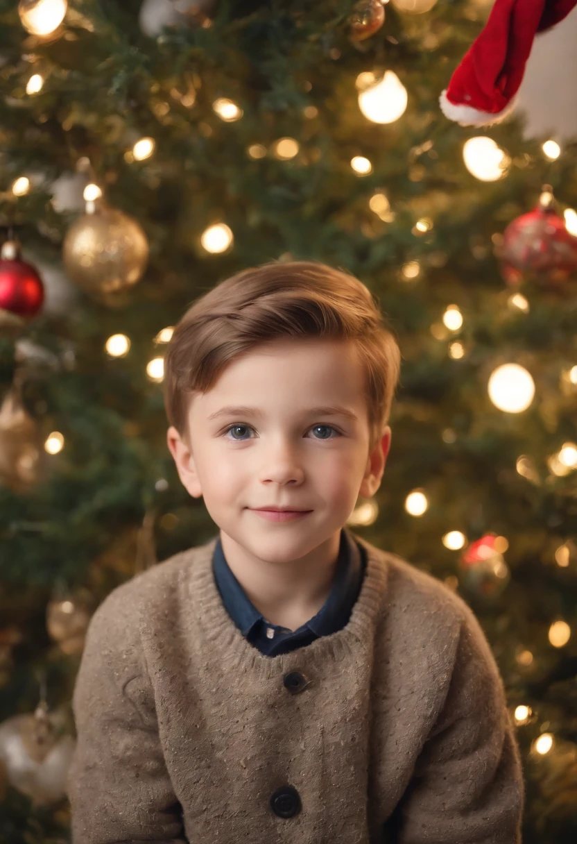 boy dressed in retro style, places christmas decorations on pine tree, lights in the background, bokeh style, half length shot, high quality photo --ar 2:3 --v 5