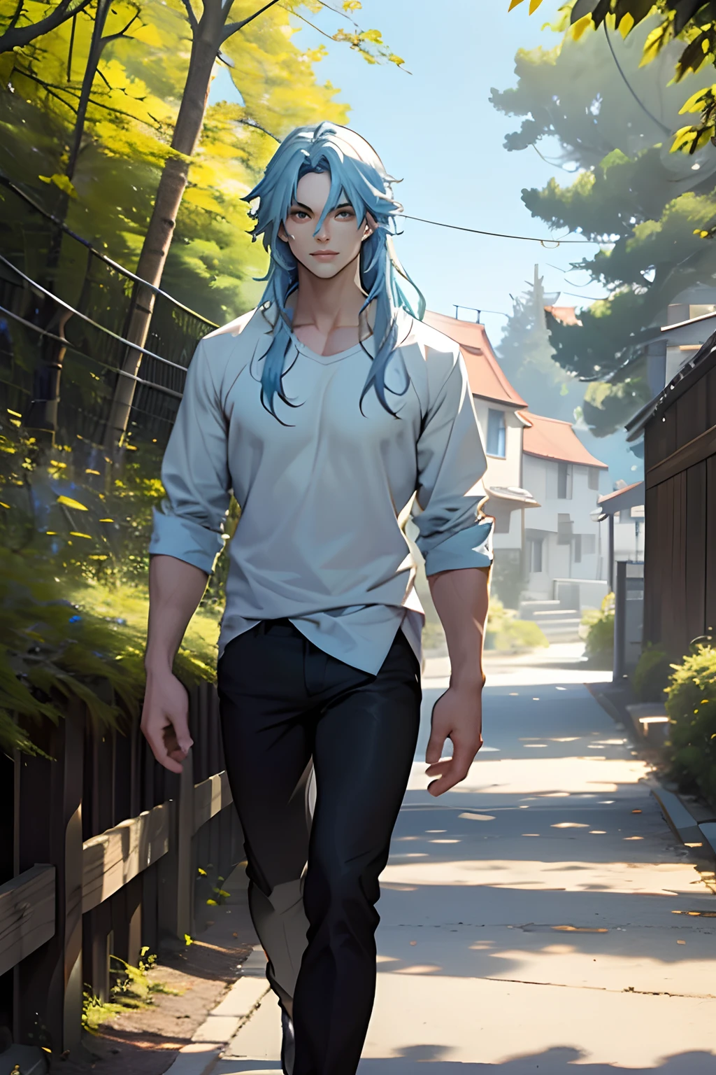 Handsome Man , Long Hair,Light Blue hair , Pale skin , Yellow eyes , Taking a walk outside in nature , Sunny day , light wind , Wearing a Black shirt and black pants