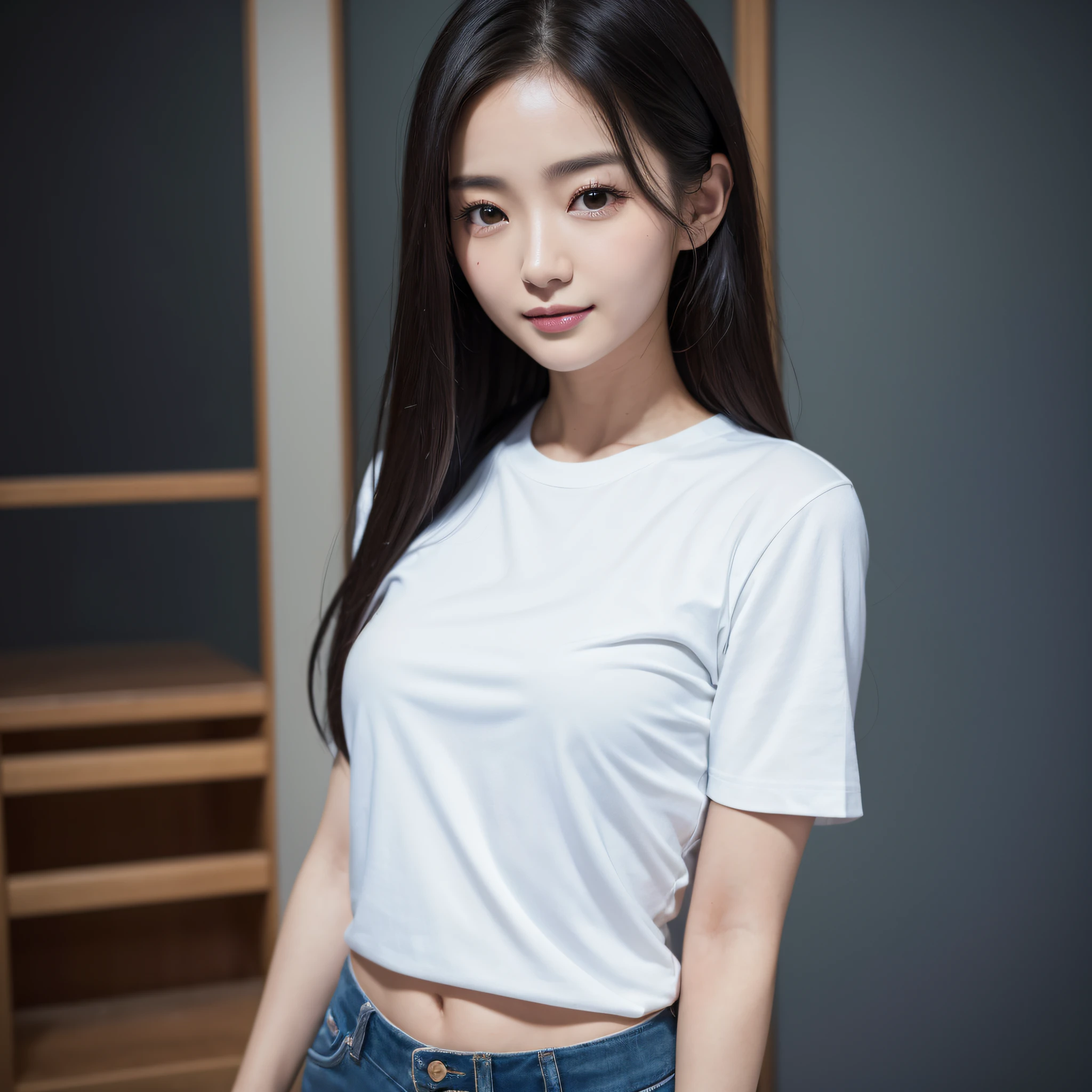 One lady、((best qualtiy、8k masterpieces:1.3))、foco nítido:1.2、(ultra beautiful faces:1.0)、(shinny skin:1.0)、photos realistic、A dark-haired、Video Lighting、High-definition eyes and face、Video Lighting、(Korean Cute Actress)、from the front side、medium breasts、(ssmile:1.2)、Slender Abs Beauty、Whole body、wearing t-shirts、In Kyoto