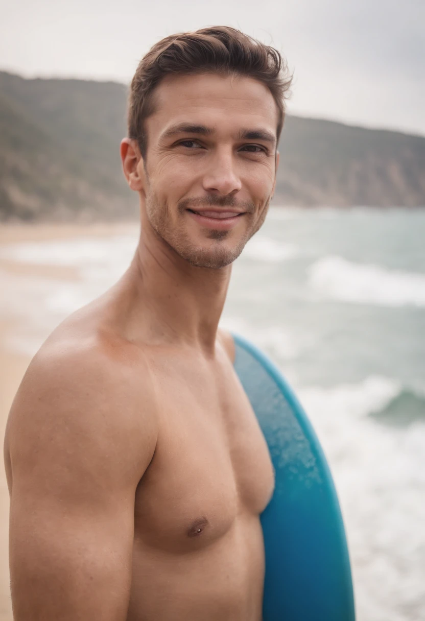 smiling man wears a swimsuit without a shirt, has tattoos on his chest, holds a surfboard by the sea, natural side light, blue tones, boken style, style of ultrafine detail, high quality photo, medium close up --ar 3:2 --v 5