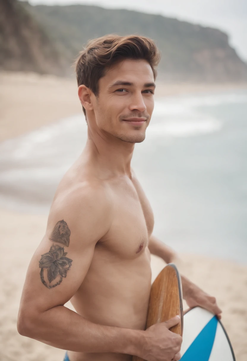 smiling man wears a swimsuit without a shirt, has tattoos on his chest, holds a surfboard by the sea, natural side light, blue tones, boken style, style of ultrafine detail, high quality photo, medium close up --ar 3:2 --v 5