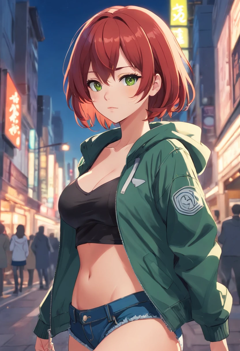 A woman with short, red hair and white tips. She has brown eyes and is wearing black lipstick. She has a slim body and is dressed in a green jacket and jeans. Big thighs, huge boobs, massive tits, big breast, ticc, sexy, horny