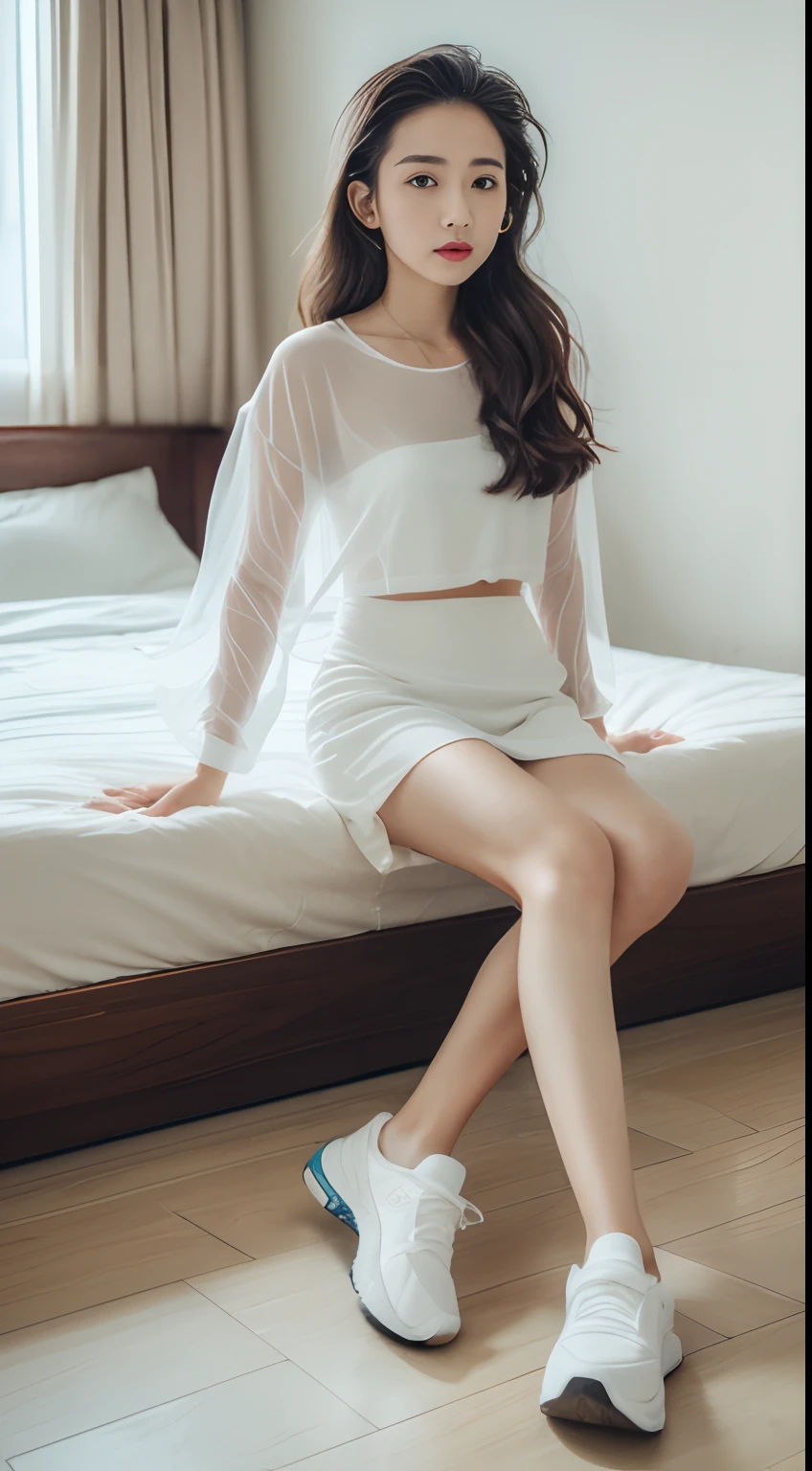 White tight shirt、a miniskirt、a bed、a smile、shortsleeves