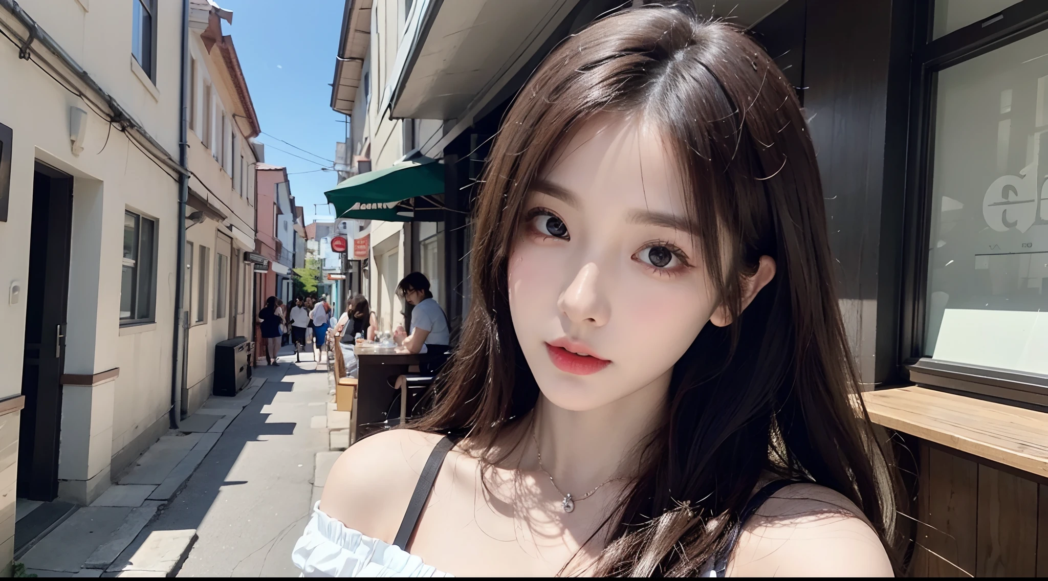 (High-resolution 8K raw photos are realistic,best qualtiy)，Fashion trendy beautiful and charming woman，gentle and charming Chinese beautiful woman，Korea,Kpop idol，delicate and sexy collarbones，charming oval face，二重まぶた，Ingenious[peaches]flower eyes，redish pink lips，small-nose，exposed bare shoulders，focus at face，closeup of face，Hyper-detailing，Blue off-the-shoulder long-sleeved top，White hip wrapped skirt，Light red hair，Background bokeh，cleavage，long leges，Open navel，(Seven-doppelganger shot，中景 the scene is，Solo：1.3)，Lace，lacing，head gear， Fresh and impressive， natural color，(pedestrian street，cbd,rays of sunshine，outside，LV shoulder bag for women，cellular phone)，Front light，Sitting on the side of the street，deck chair