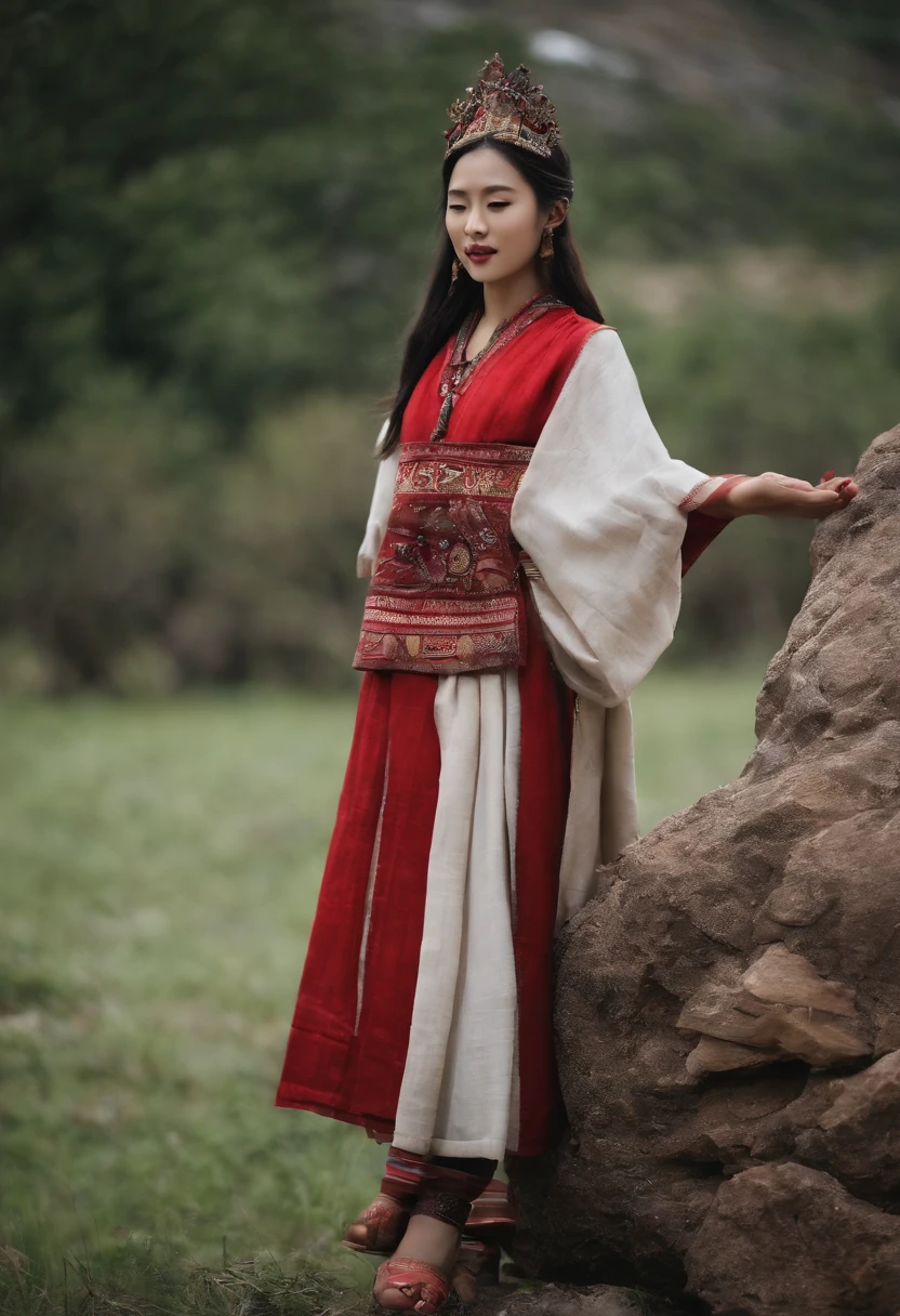 one-girl，long braid，Tibetan girl，Front close-up，Look up slightly，ssmile，Frontal photo，The upper part of the body，Bust photo，Tibetan clothing，Colorful costumes， Navy blue Tibetan clothing，Collar with fluff， Stuffed collar，High-end Tibetan clothing，Cumbersome Tibetan costume design，Cold clothing，Winter clothing，Appearance Yang transcendence，Rounded face shape，Gorgeous Tibetan costumes，Cumbersome Tibetan necklace，Cumbersome Tibetan headdress，Colored head strap，Live-action CG，Sweet style，Film wind，HD 4K，Photography effects，Studio effect，White glow，Mythical wind，Snowfield background，Character core，The mask is fresh，