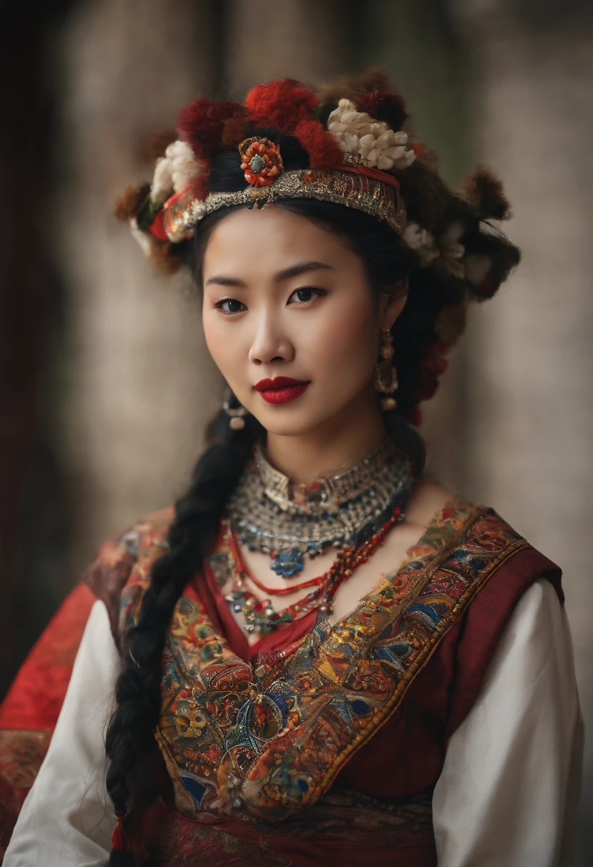 one-girl,long braid,Tibetan girl,Front close-up,Look up slightly,ssmile,Frontal photo,The upper part of the body,Bust photo,Tibetan clothing,Colorful costumes, Navy blue Tibetan clothing,Collar with fluff, Stuffed collar,High-end Tibetan clothing,Cumbersome Tibetan costume design,Cold clothing,Winter clothing,Appearance Yang transcendence,Rounded face shape,Gorgeous Tibetan costumes,Cumbersome Tibetan necklace,Cumbersome Tibetan headdress,Colored head strap,Live-action CG,Sweet style,Film wind,HD 4K,Photography effects,Studio effect,White glow,Mythical wind,Snowfield background,Character core,The mask is fresh,