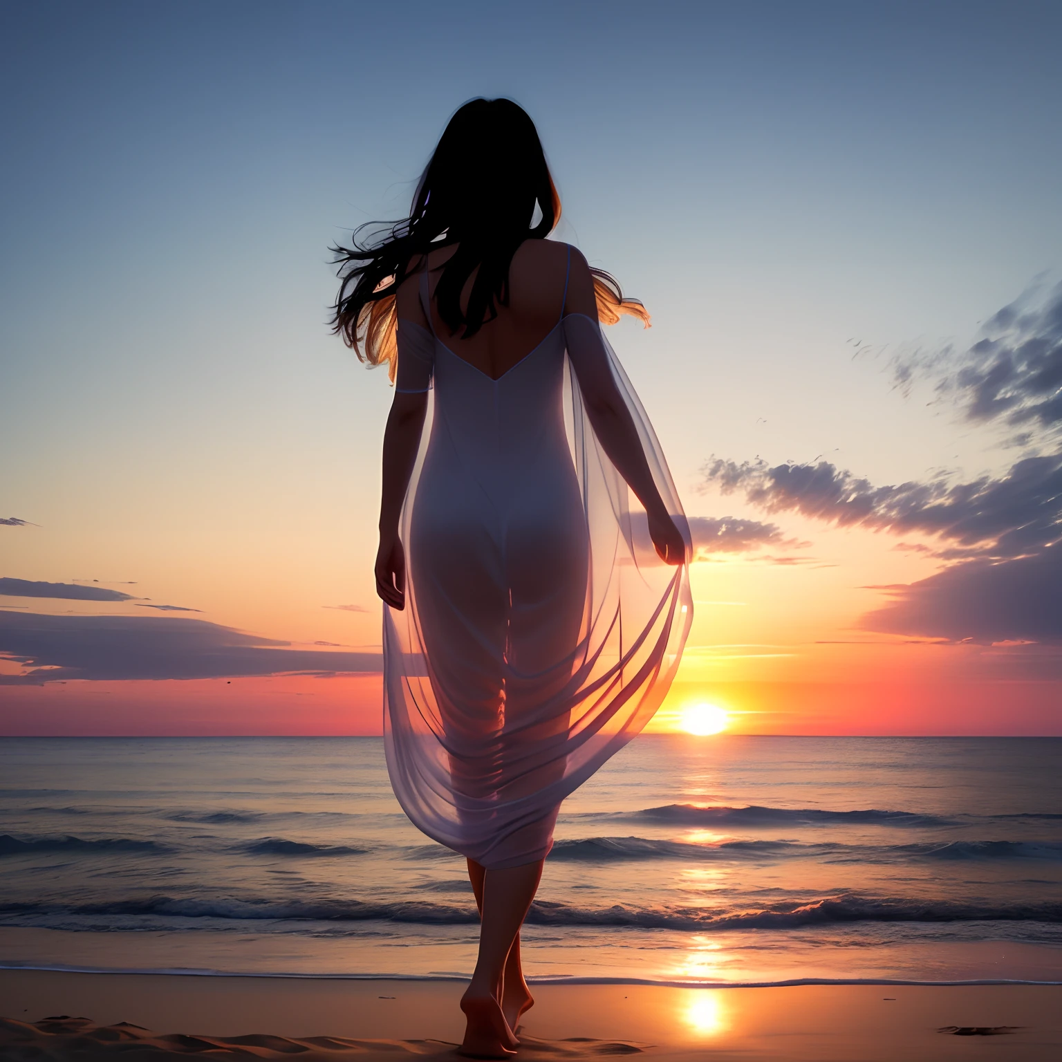Sunny beach, sunset afterlight, the woman with the back, the shadow is very long, the person seems to be about to melt into the sea, satin transparent clothes