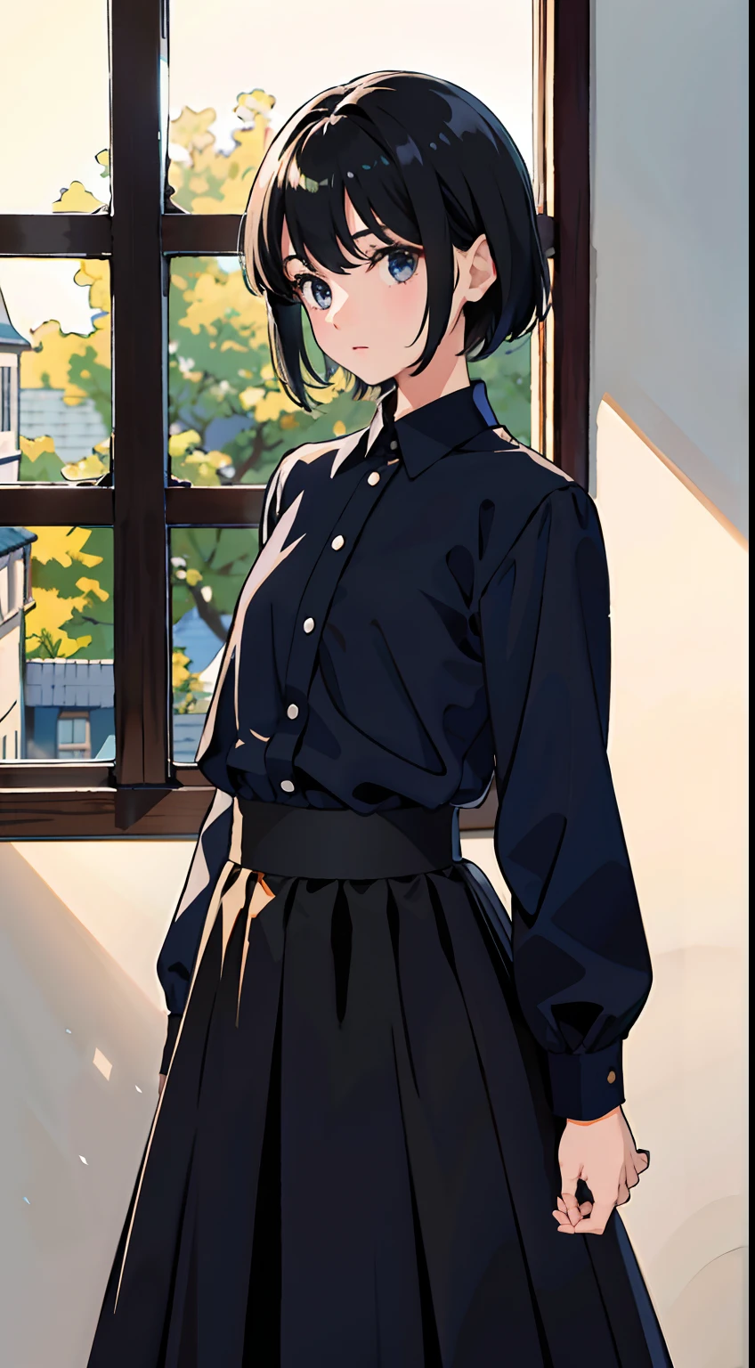 Anime girl in black dress standing in front of a window - SeaArt AI