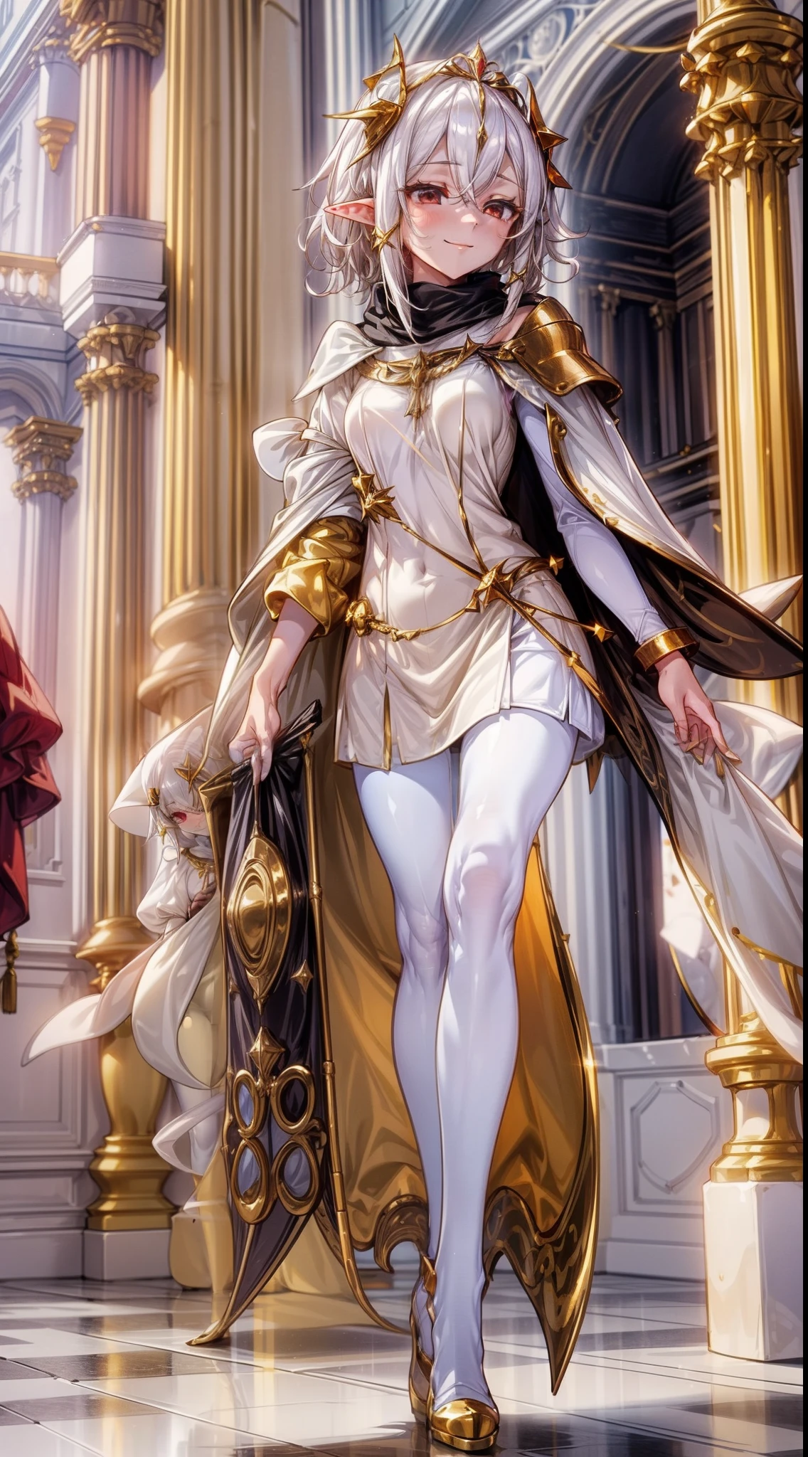 1girl,20 years,solo,happy,white and golden short dress,medium tits,white hair,short hair,red eyes,elves ears,white pantyhose,golde tiara,Detailed ,gold high heels,(((long cape))),(((walking on a room inside a castle)))