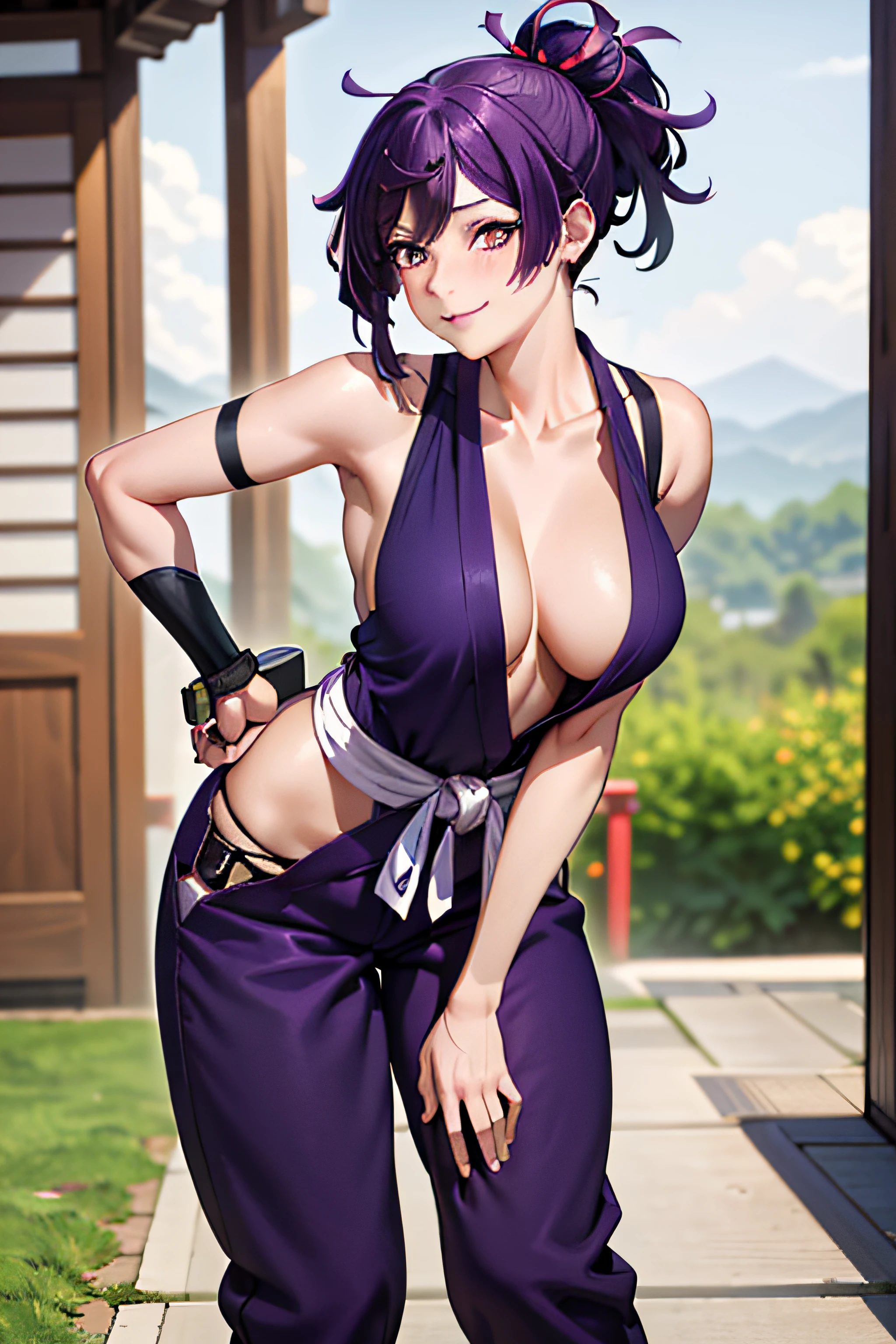 best quality, masterpiece, (leaning over:1.4), 
1girl, yuzuriha_(jigokuraku), purple hair, brown eyes, ninja, open clothes, cleavage, small breasts, topknot, medium hair, breasts apart, seductive smile, pants, undressing,  (blush:1.1),  japanese exterior, temple,