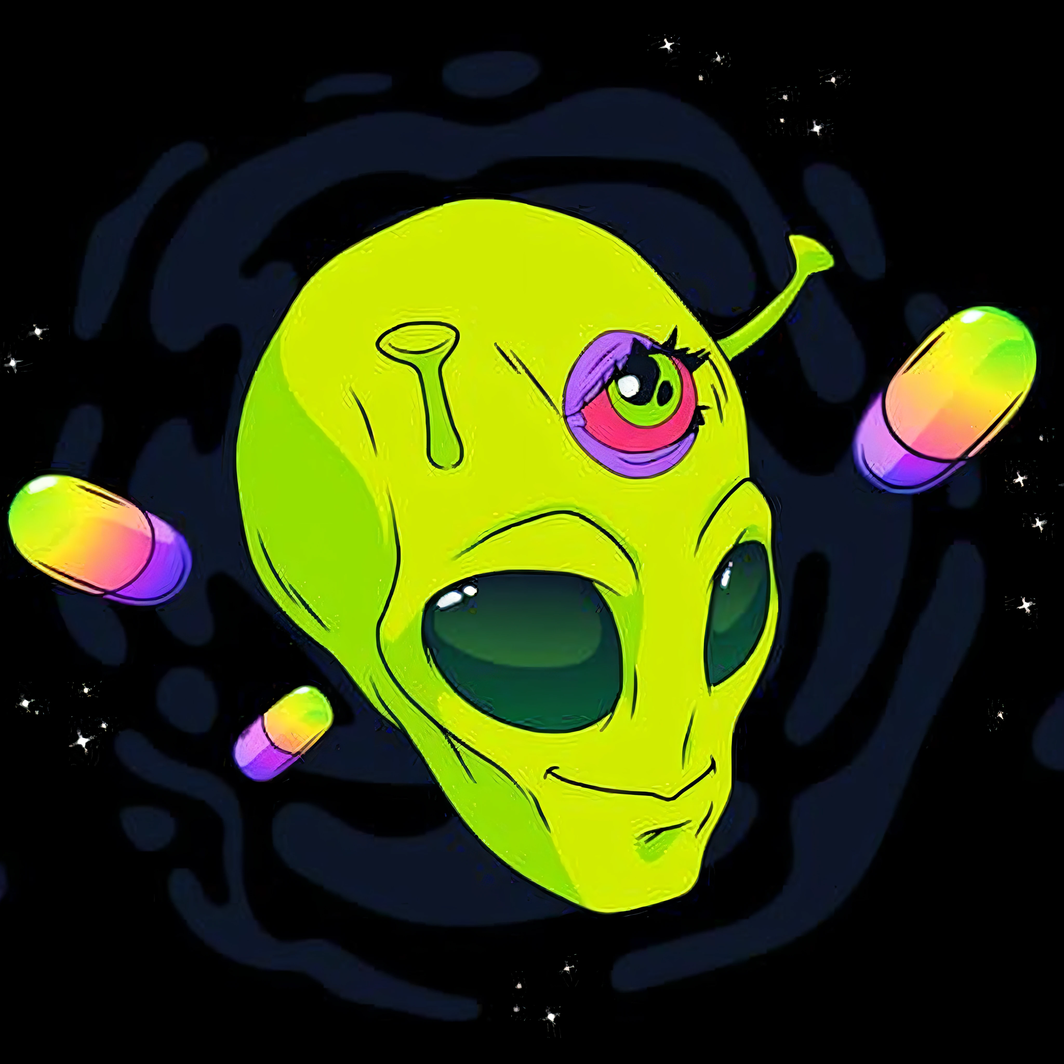 DonMD0n7P4n1cXL, text "DON'T PANIC!", president of the galaxy, an alien, Martian, small, extraterrestrial,, a secretary, two hitchhiker,
