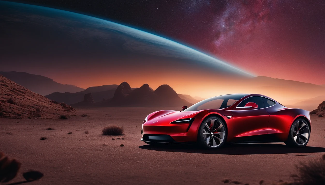 Qualidade de filme 4K,Film compositions,texturas finas,Base em Marte,Astronautas tocando guitarra, A cherry red Tesla Roadster floating in space WITH A GUY WITH SPACE TRAGE STANDING AT A SPACE-STYLE GAS STATION TO FUEL EM UM PLANETA FUTURISTICO NO ESPAÇO, ABASTECENDO, CEU ROXO E 2 PLANETAS VISIVEIS E UM ASTRONALTA DO LADO