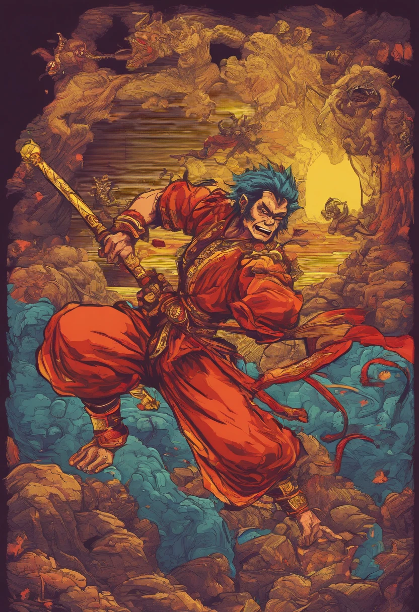 Monkey King in battle ::3 epic battle scenes, actionpacked, Dynamic composition ::2 Strong light illumination, Dramatic shadows, strong contrasts ::1 Martial arts poses, Agile movements, Acrobatic fighting style ::1 Whirlwind, Flying debris, energy blast