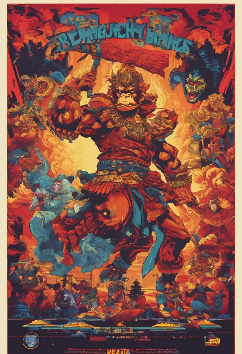 Monkey King in battle ::3 epic battle scenes, actionpacked, Dynamic composition ::2 Strong light illumination, Dramatic shadows, strong contrasts ::1 Martial arts poses, Agile movements, Acrobatic fighting style ::1 Whirlwind, Flying debris, energy blast