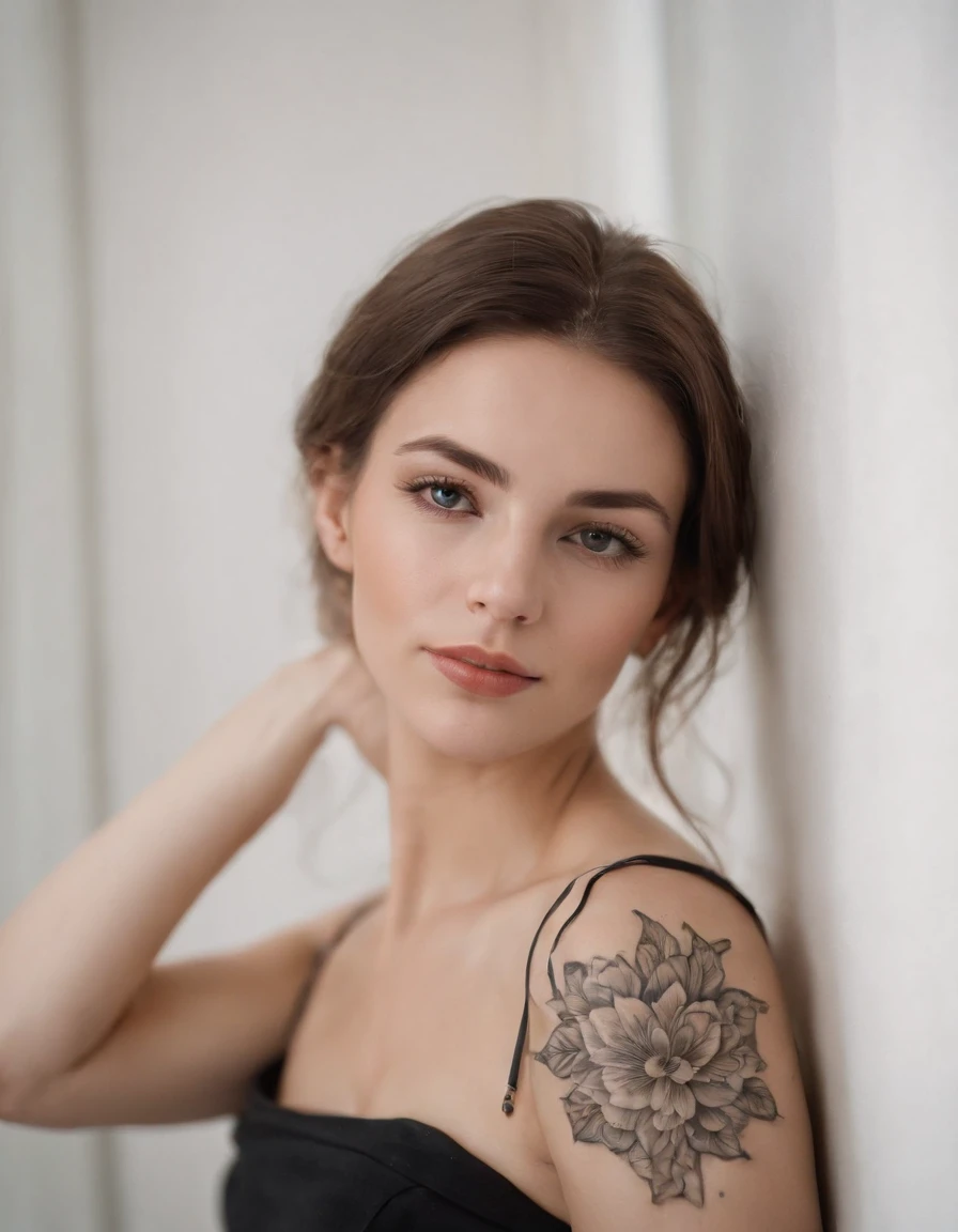 A hyperealistic photograph woman with tattoos pose on a white wall whit some pictures, lifestyle, white and gold, cinematic light, topcor f/ 1. 4, uhd image, winning, fun and happy feeling, exquisite clothing detail .