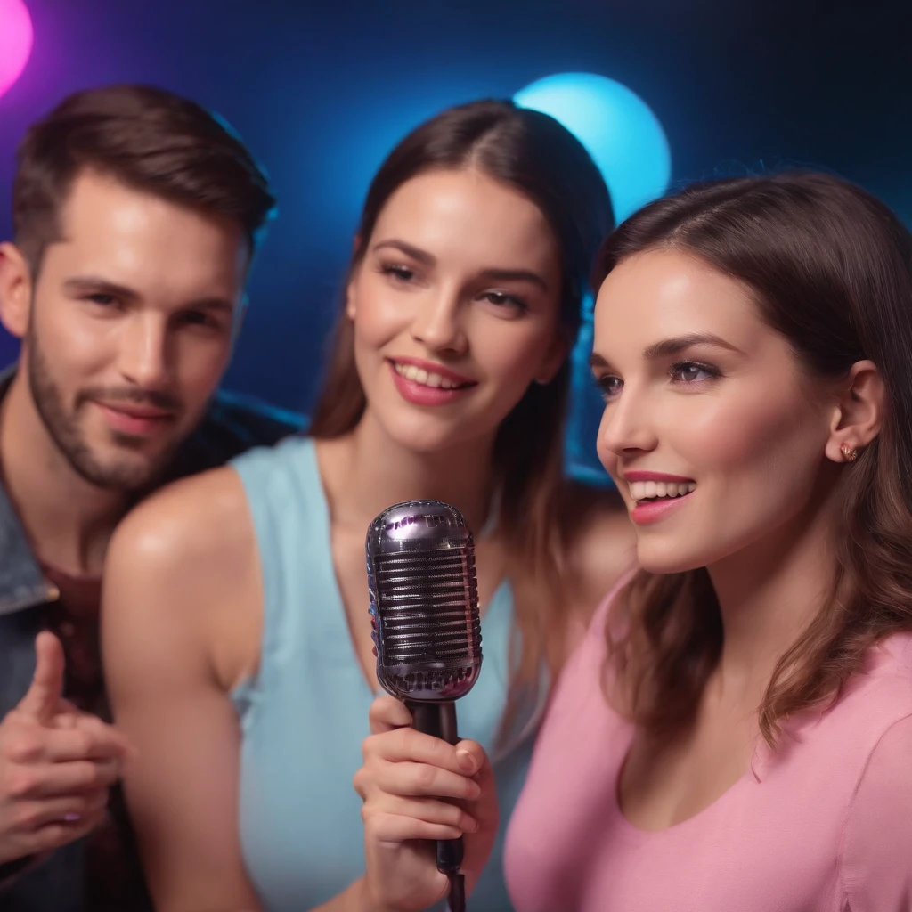 Scene of four male and female friends singing karaoke, intrinsecamente detalhado, with modern clothes digital lighting, with cheerful party scenery Neon gradient blue and pink