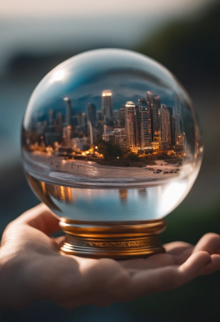 Mini(tpose), (8K, RAW photo, Best quality, Masterpiece:1.2), Colorful background, Clean background, Depth of field, City, Tall structures, Miniature, landscape, isometry,in Crystal ball, 16:9, beach, Waves