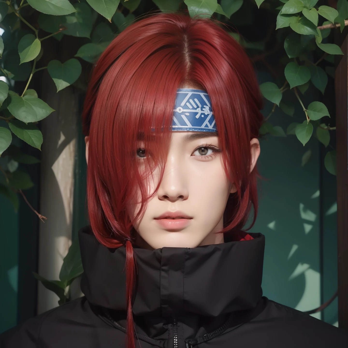 Real life adaption of this character , Korean handsome man,realistic red hairstyle,realistic same outfit ,hyper realistic,realism,realistic light,realistic shadow(photorealistic:1.2),plate headband