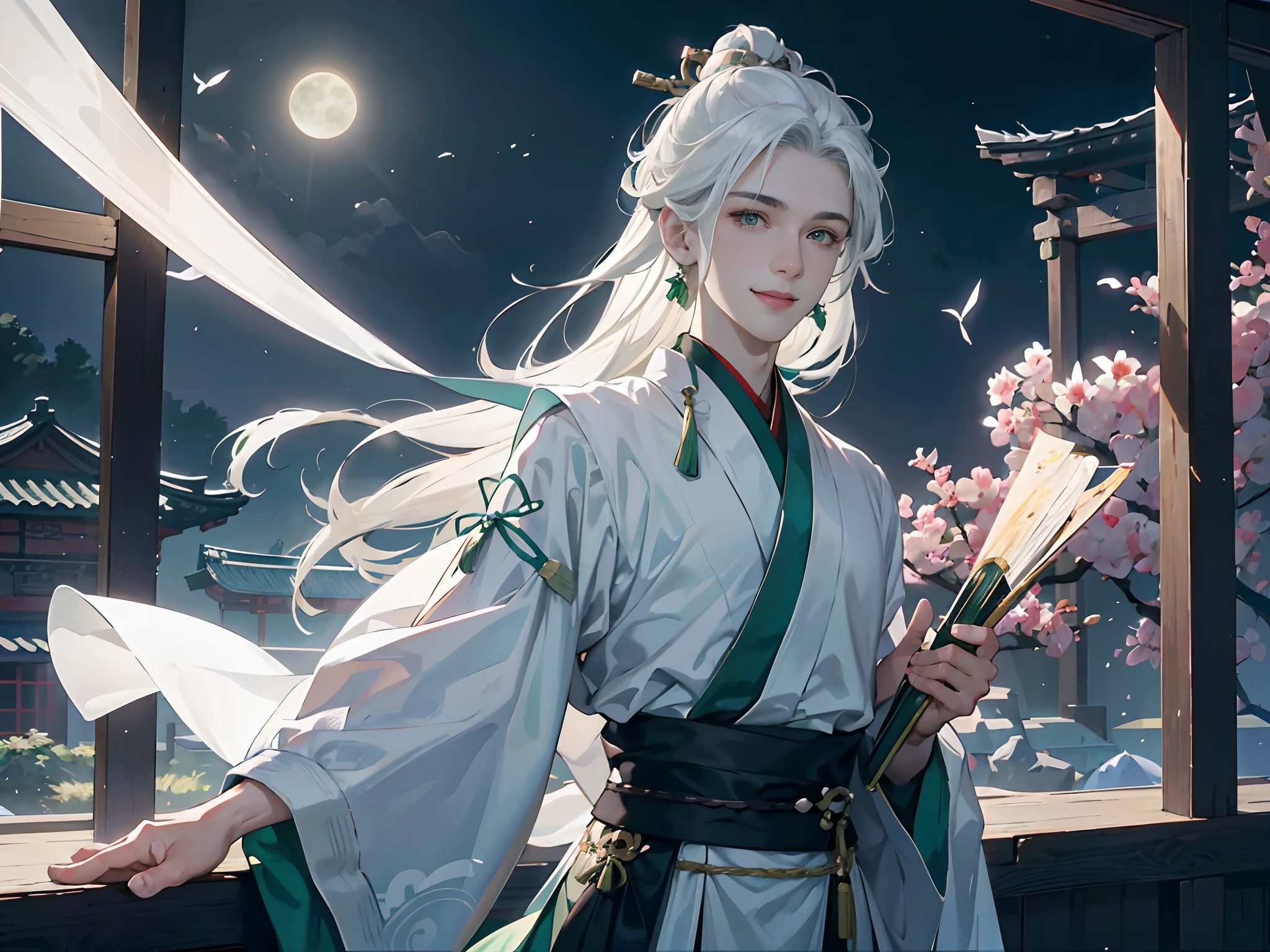 tmasterpiece,Ultra-clear image quality,1 man,20yr old,,White color hair,Hanfu,Greet with a smile,Long hair flowing away,Green eyes,ssmile,Neat hair,correct hand,No earrings,Don't bow,Pale green hanfu,Look up at the perspective,,Background with:Inside the moonlit garden,