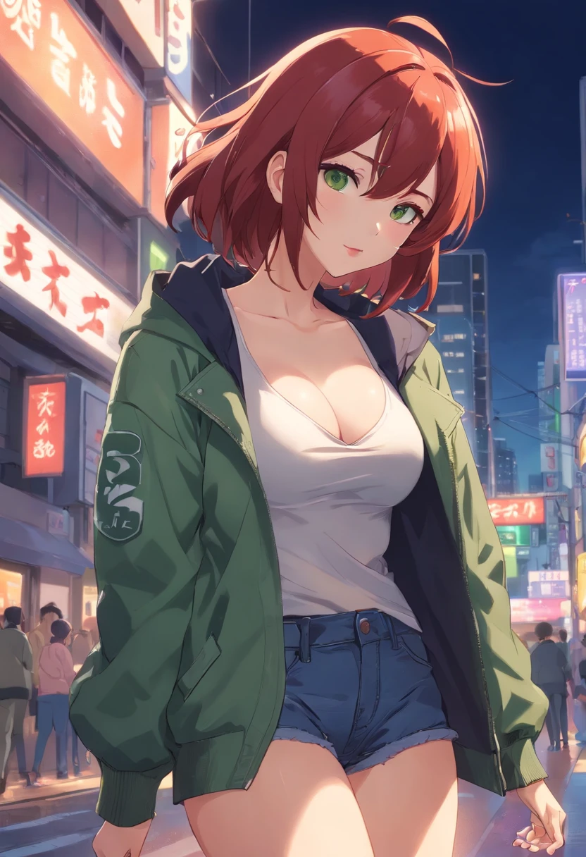 A woman with short, red hair and white tips. She has brown eyes and is wearing black lipstick. She has a slim body and is dressed in a green jacket and jeans. Big thighs, huge boobs, massive tits, big breast, thicc, sexy, suggestive, flirty face, submissive, hearts in eyes, nsfw 🥵