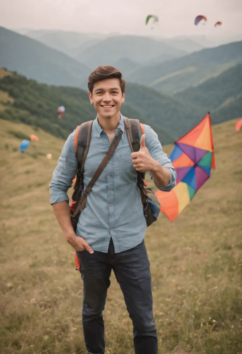 a young man give thumbs up while standing in the mountains with his kites, in the style of yashica mat-124g, wimmelbilder, lensbaby optics