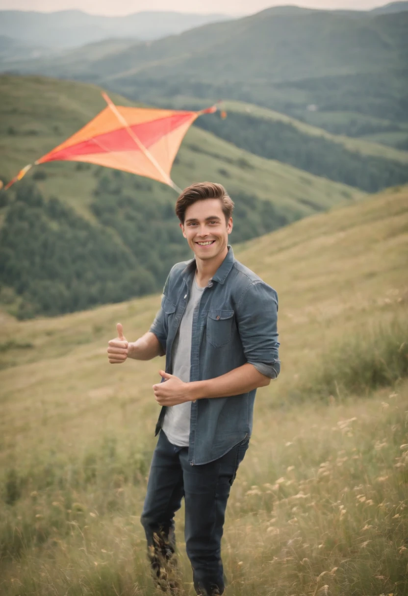 a young man give thumbs up while standing in the mountains with his kites, in the style of yashica mat-124g, wimmelbilder, lensbaby optics