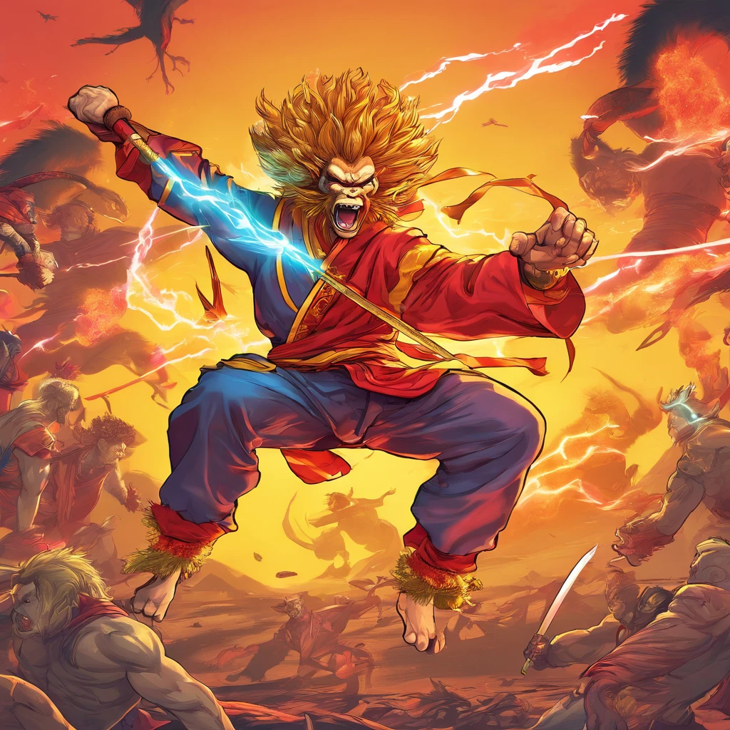 Monkey King in battle ::3 epic battle scenes, actionpacked, Dynamic composition ::2 Strong light illumination, Dramatic shadows, strong contrasts ::1 Martial arts poses, Agile movements, Acrobatic fighting style ::1 Whirlwind, Flying debris, energy blast
