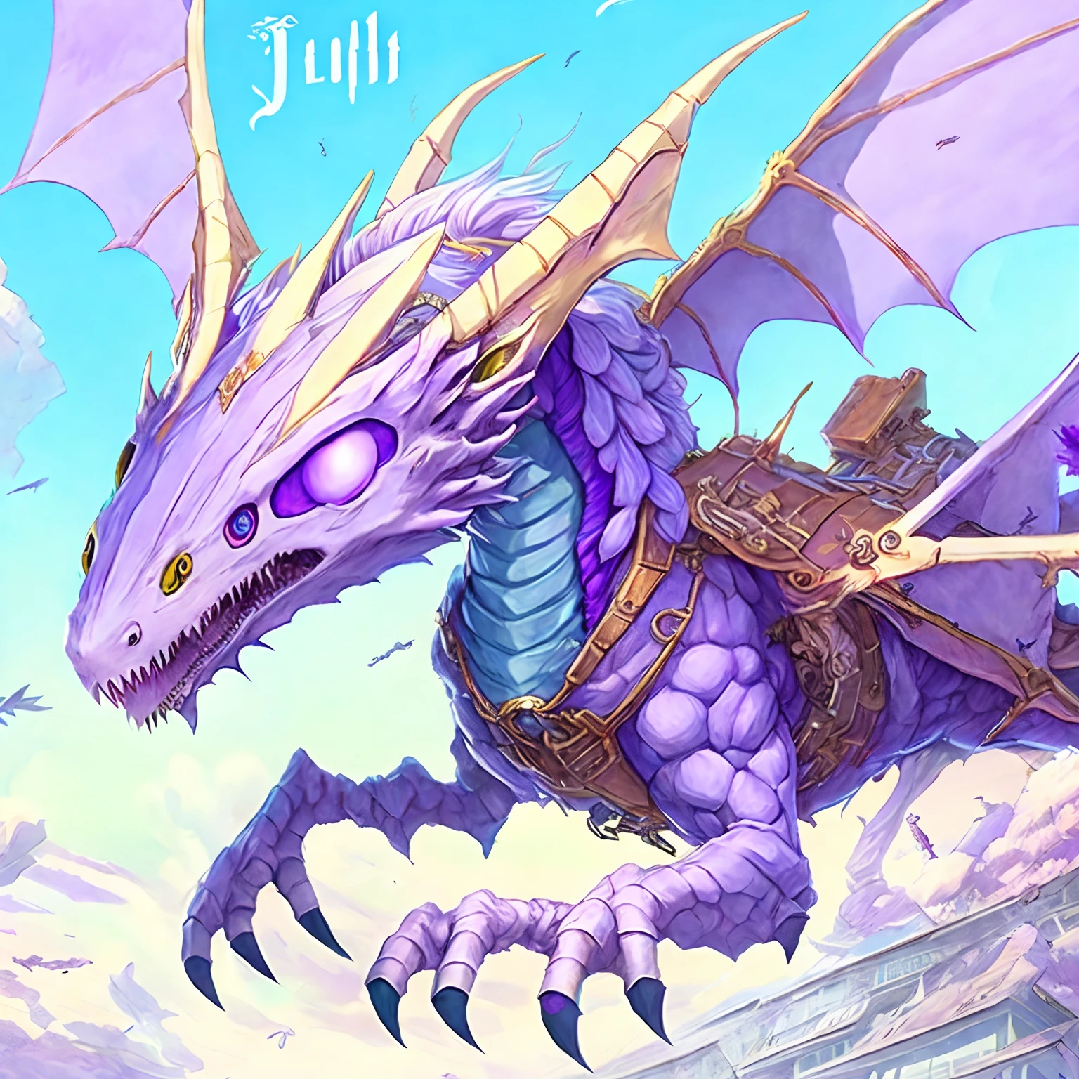 Light novel cover with the name Guliat featured and a purple dragon flying in the sky. Pastel colors and slightly abstract art