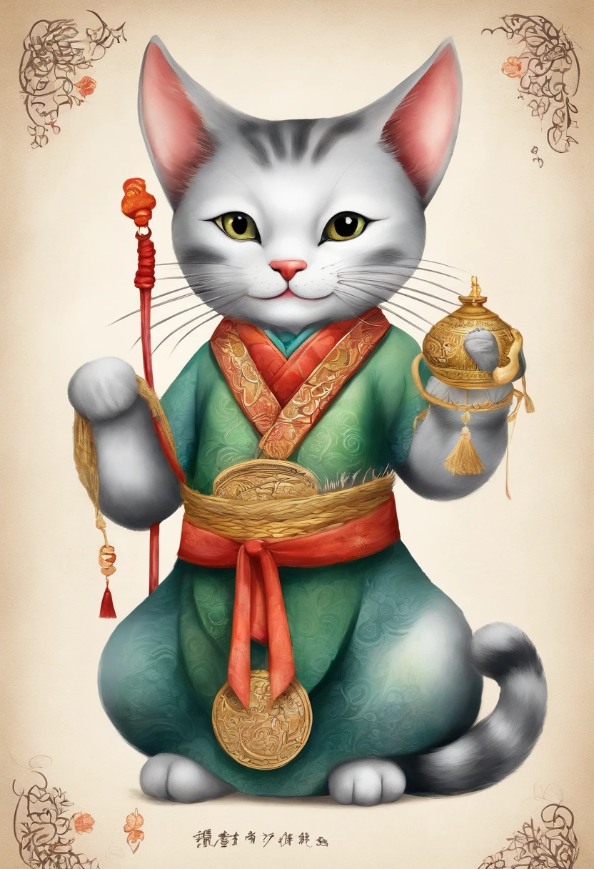 A character that combines the characteristics of a beckoning cat and a cat。Maneki-neko is usually、Because I am making a gesture that invites happiness with one hand.、Let's incorporate this pose into the cat。Like a beckoning cat、Pose with one hand raised and palm facing forward,、Big smile、Gray to match the culture of Aso that brings good luck Ear color is green　designs: Incorporating Mt. Aso's ears into cats' ears。To make the shape of the ears resemble Mount Aso、Get creative with your design。 Draw your character's design in detail。