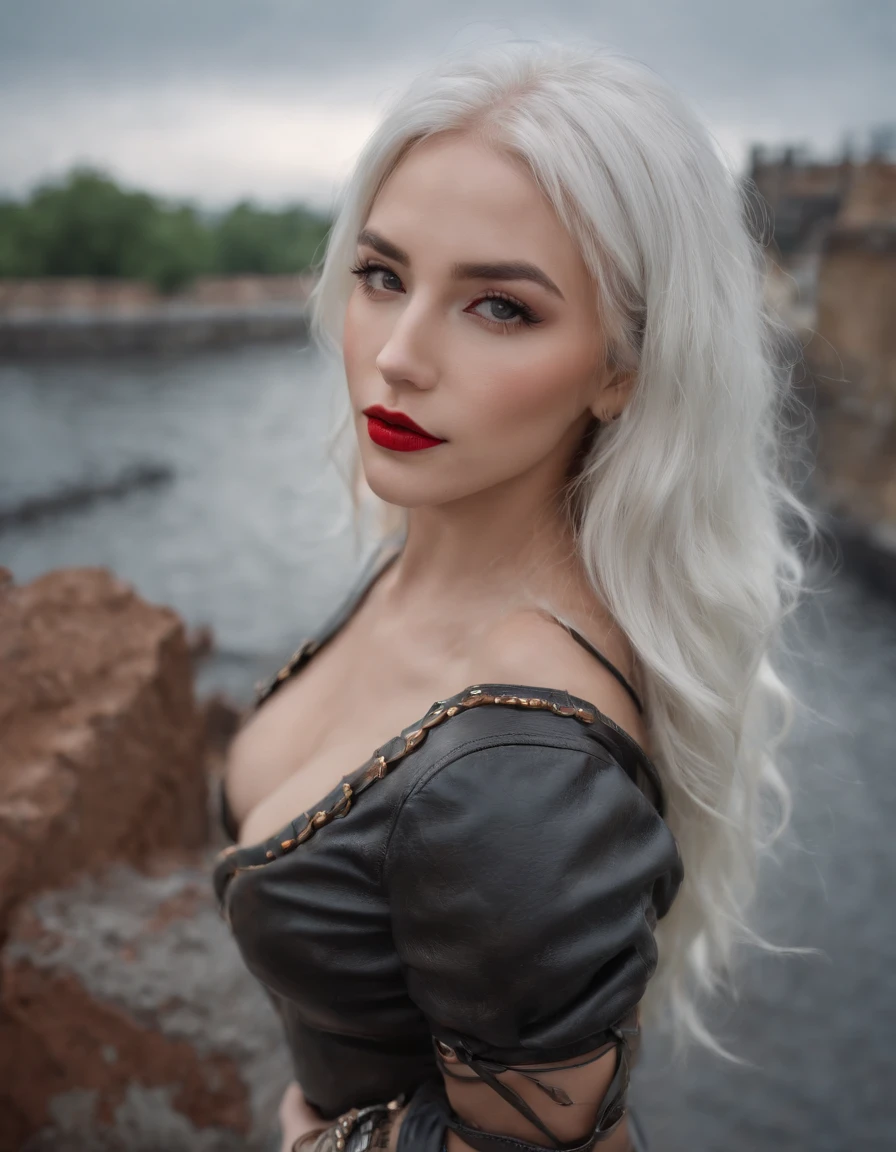 ultra wide angle shot,cinematic style,8k,RAW photo,photo-realistic,masterpiece,best quality,highres,extremely detailed,intricate details,absurdres resolution,High quality texture,detailed texture,professional lighting,radiosity,photon mapping,physically-based rendering,High quality shadow,Ray tracing,perfect body,perfect face,hdr,hot girl,makeup,red lips,sexy,studded bracelets,white hair,,(leather :1.1),sharp edges,with heavy fog in air,Graffiti wall,water vapor,stylish pose,strappy heels,