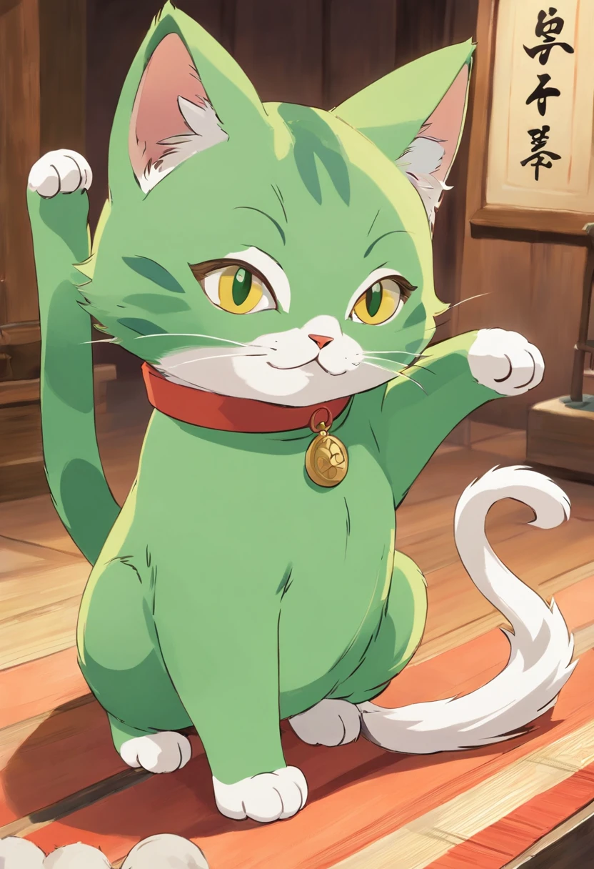 A character that combines the characteristics of a beckoning cat and a cat。Maneki-neko is usually、Because I am making a gesture that invites happiness with one hand.、Let's incorporate this pose into the cat。Like a beckoning cat、Pose with one hand raised and palm facing forward,、Big smile、Gray to match the culture of Aso that brings good luck Ear color is green designs: Incorporating Mt. Aso's ears into cats' ears。To make the shape of the ears resemble Mount Aso、Get creative with your design。 Draw your character's design in detail。