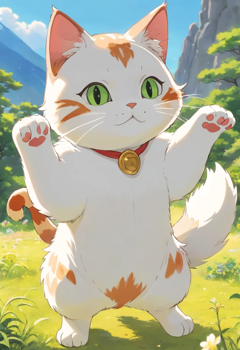 A character that combines the characteristics of a beckoning cat and a cat。Maneki-neko is usually、Because I am making a gesture that invites happiness with one hand.、Let's incorporate this pose into the cat。Like a beckoning cat、Pose with one hand raised and palm facing forward,、Big smile、Gray to match the culture of Aso that brings good luck Ear color is green designs: Incorporating Mt. Aso's ears into cats' ears。To make the shape of the ears resemble Mount Aso、Get creative with your design。 Draw your character's design in detail。