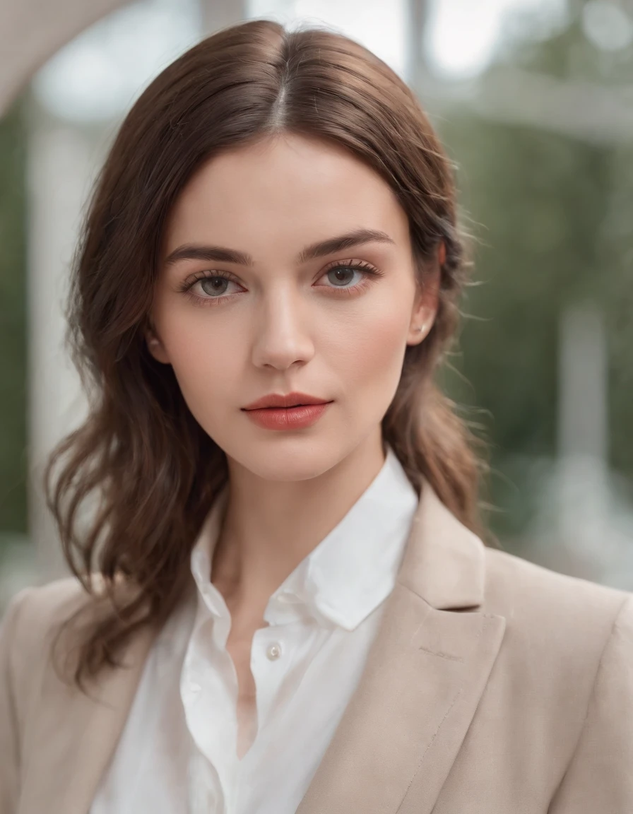 young brunette woman dressed in a tailor's suit, light background, in the style of ultrafine detail, high quality photo, 35 mm f/5.6.