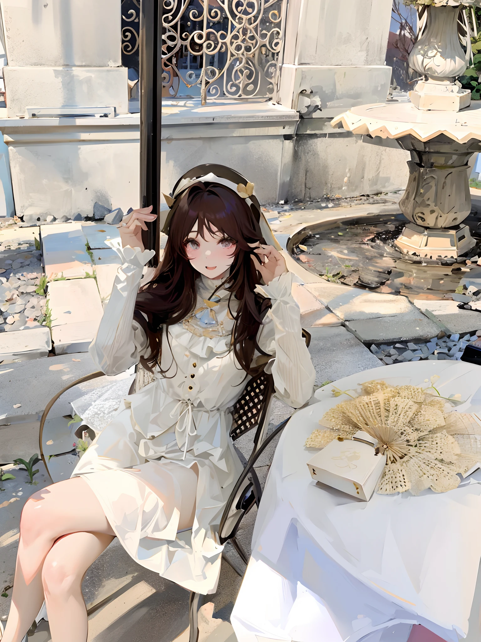 araffe sitting on a chair in a garden with a hat on, ulzzang, light cream and white colors, cream colored blouse, ivory, white trendy clothes, cute girl, frilly outfit, young and cute girl, beige, 3 colour, white hime cut hairstyle, white lace clothing, lovely woman, smooth white tight clothes suit, handsome girl, white color