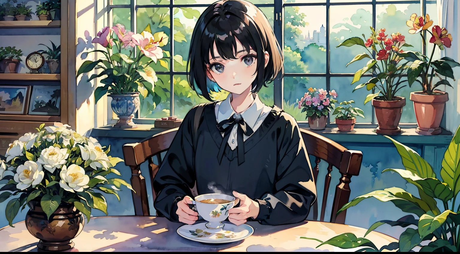 ((Watercolor by singer Sargent))、(top-quality、​masterpiece)、1girl in、sixteen years old、A stunning、Short black hair、Black eyes、tiny chest、校服、long  skirt、Botanical Garden、Flower Shop、The table、florals、tea set、window、aquarium、houseplant、 The tree,Soft light、