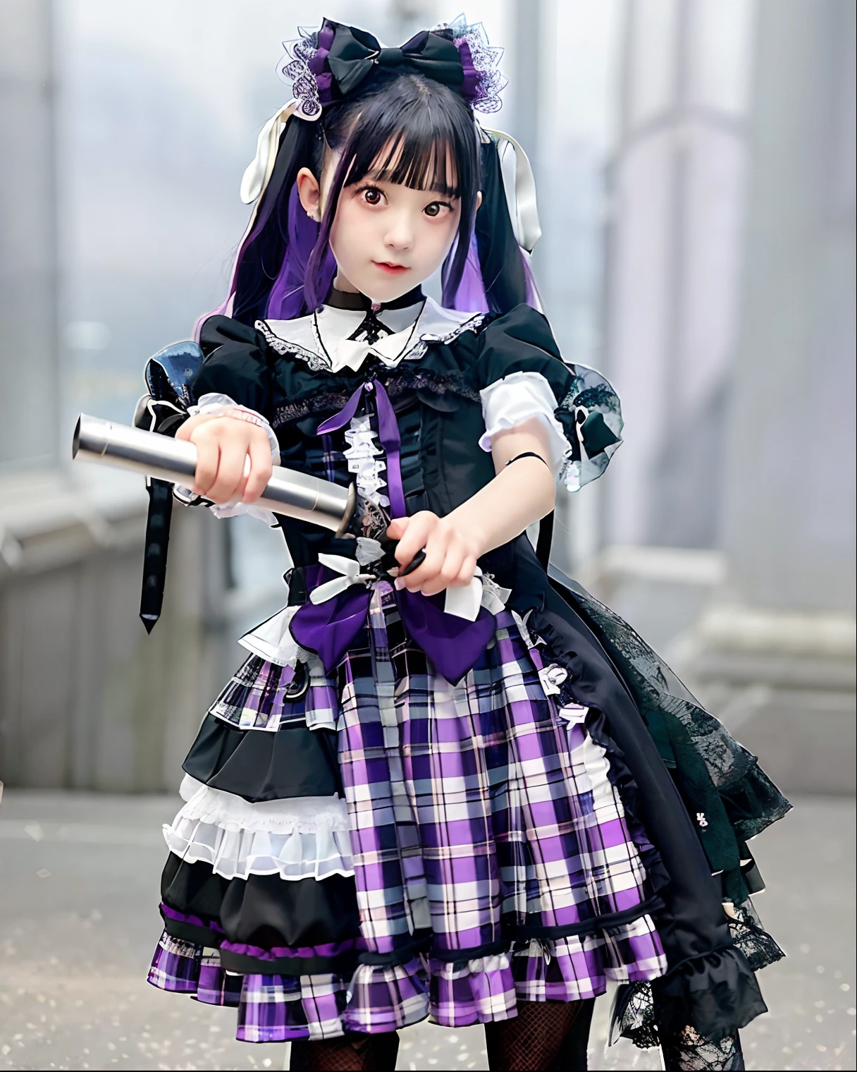 Alafe girl in purple and black dress holding knife, Lolita style, victorian gothic lolita fashion, Portrait of radical Lolita girl, Anime girl cosplay, Lolita Fashion, angelic pretty, 1 7 -  - old me goth girl, Anime Cosplay, style of magical girl, Black and purple costume, portrait of the magical Lolita girl, school girl in gothic dress