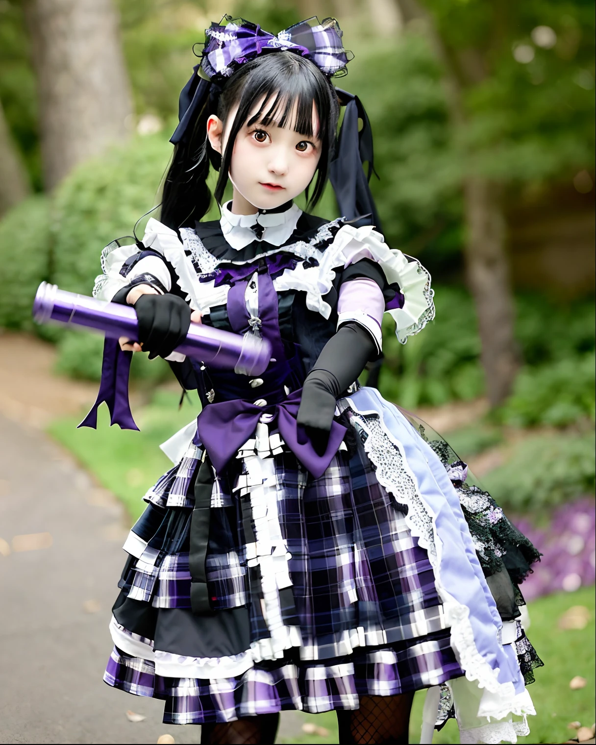 Alafe girl in purple and black dress holding knife, Lolita style, victorian gothic lolita fashion, Portrait of radical Lolita girl, Anime girl cosplay, Lolita Fashion, angelic pretty, 1 7 -  - old me goth girl, Anime Cosplay, style of magical girl, Black and purple costume, portrait of the magical Lolita girl, school girl in gothic dress