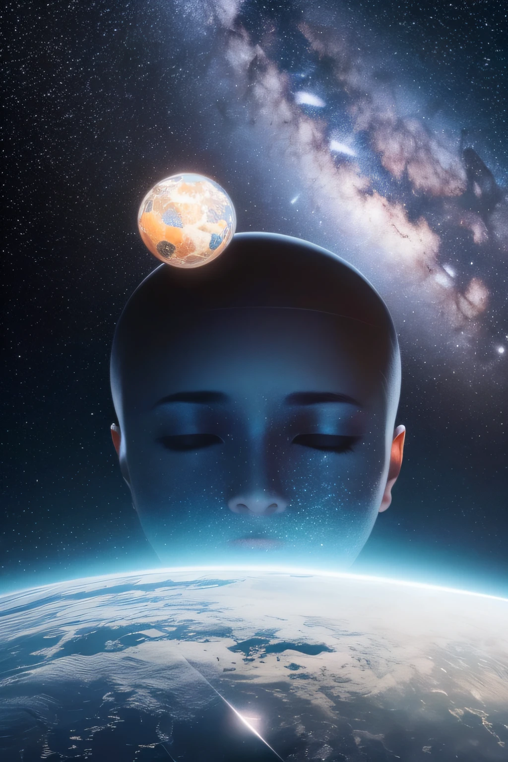 Image of a starry night sky, where a quiet-looking human head floats in the center. The head is represented in a minimalist way, em tons de azul escuro e roxo, with soft strokes that give a sense of serenity. around the head, orbit various natural and artificial satellites, each with a unique look. Natural satellites are represented as small moons in shades of gray and white, while artificial satellites are metallic spheres with vibrant colors that reflect starlight.
The image has a lofi aesthetic, with a soft color palette and subtle graininess to create a nostalgic atmosphere. The scene is illuminated only by starlight, creating a contrast between the darkness of space and the calm of the head in the center. The human head is tilted slightly downwards, como se estivesse imersa em pensamentos profundos, while satellites orbit around them in graceful trajectories.
This image is intended to illustrate the cover of an instrumental jazz album that seeks to be a soundtrack for a reflection on how we are influenced by the diverse people who orbit in our lives, each with its own intentions and influences. The image conveys the feeling of introspection and contemplation, while satellites symbolize the connections and interactions that shape our journey.