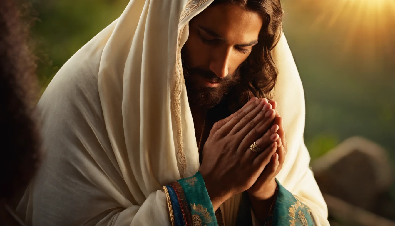 "Gerar uma imagem de Jesus no perfil, captured in a moment of deep prayer, with hands gently clasped together."