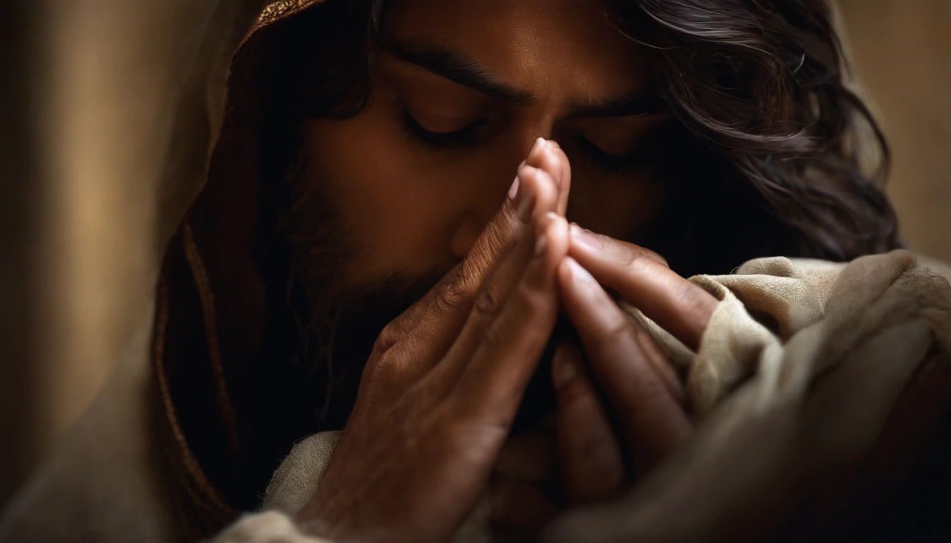 "Gerar uma imagem de Jesus no perfil, captured in a moment of deep prayer, with hands gently clasped together."