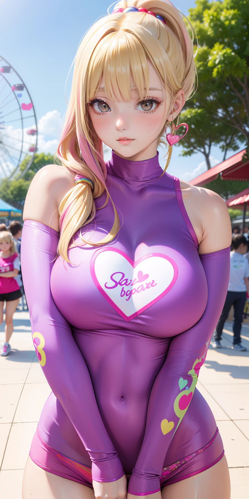 ((masterpiece)), ((1 girl, 20 years old)) ((((beautiful bright multicolored blonde hair with bangs)))) beautiful hair ornament, high ponytail, best quality, absurd, ultra detailed, holographic, cowboy photo, golden ratio, super beautiful with bright violet eyes very beautiful, beautiful and sexy body, nder body, (((Perfect Body))), wearing super tight mini boxers with heart print, heart print super tight on the shoulder, long sleeve, pink Jordan sneakers, super cute girls, blushing, ((shy and sensual)) mature girl, Airl, being photographed in an amusement park