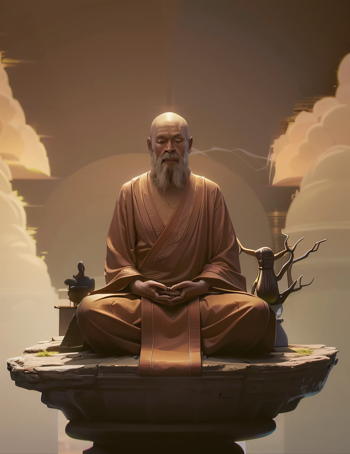 Image of a man sitting on a rock in a meditative position, monge meditar, Zen Meditation, taoist master, Monge budista meditando, ancient japanese monk, taoist priest, Taoism, taoist, Zen Aesthetics, fundo natural zen, powerful zen composition, 2 1 st century monk, monge, flutuando em um poderoso estado zen, Retrato do monge