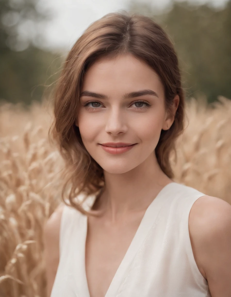 the smiling woman wearing a white top looking at the camera, in the style of futuristic glam, light bronze and light beige, sabattier effect, natalia drepina, candid moments captured, radiant clusters, iconic.