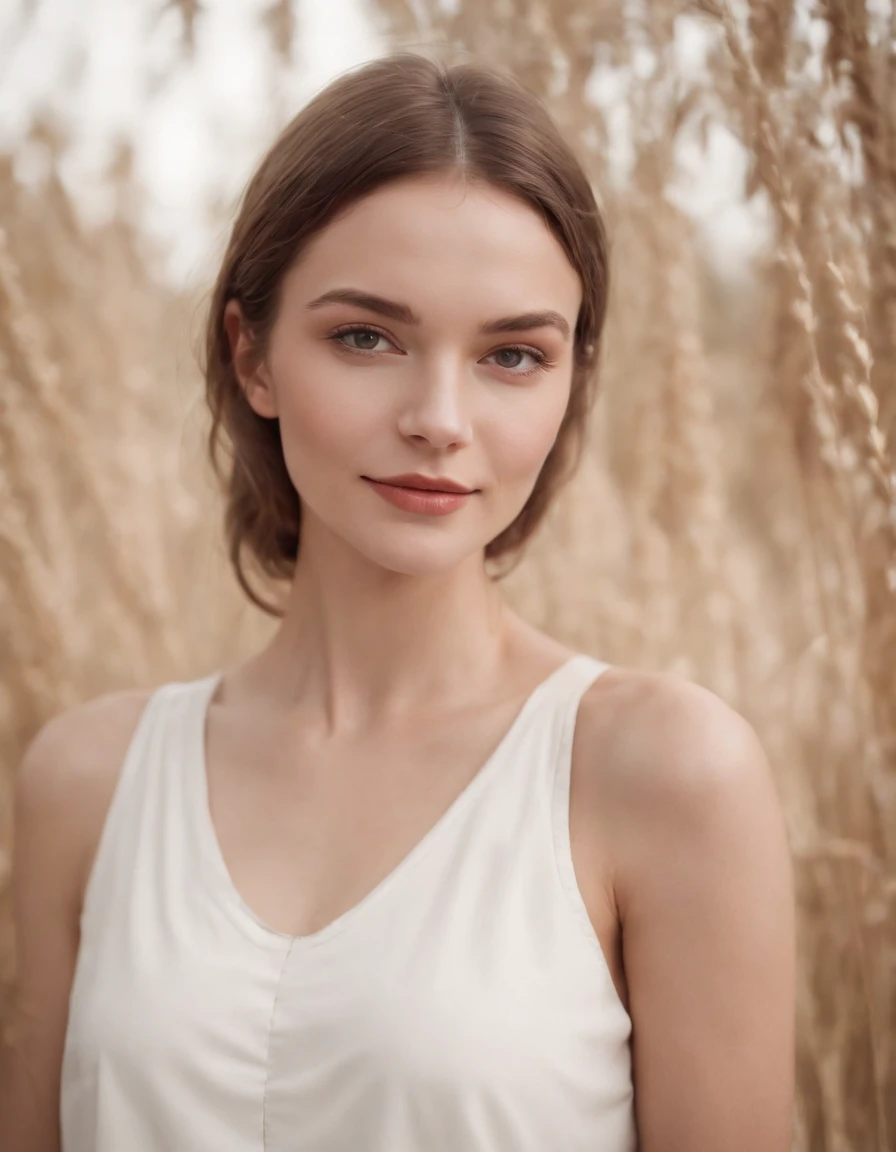 the smiling woman wearing a white top looking at the camera, in the style of futuristic glam, light bronze and light beige, sabattier effect, natalia drepina, candid moments captured, radiant clusters, iconic.