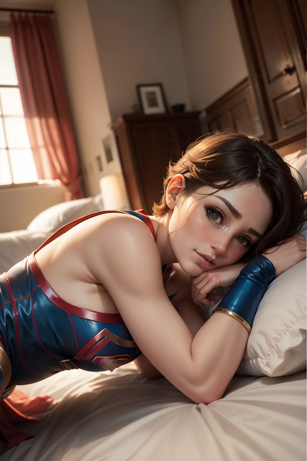 obra prima、Short-haired Supergirl lying in a completely destroyed ruin、seios grandes e cheios、looking at the camera、Traje brilhante、Traje esfarrapado、ferido、Full of scratches、Virando a virilha、