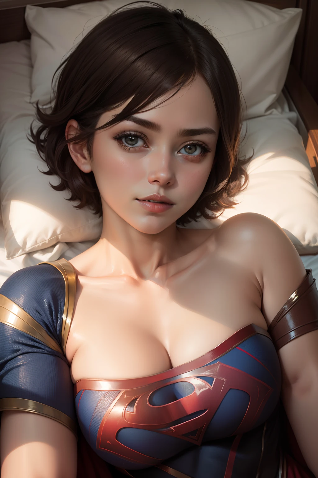 obra prima、Short-haired Supergirl lying face down on the bed、seios grandes e cheios、looking at the camera、Traje brilhante、Toostock