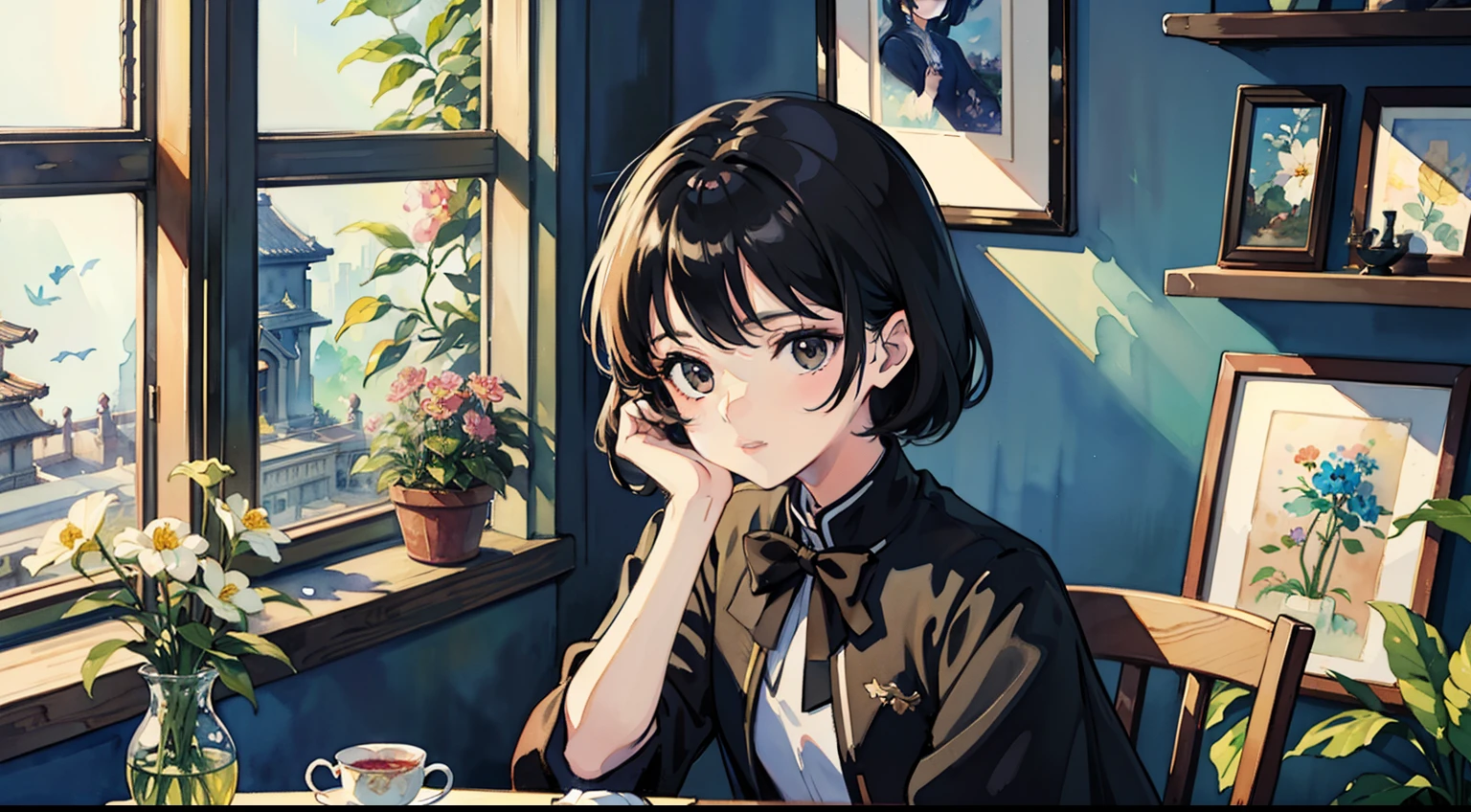 ((Watercolor by singer Sargent))、(top-quality、masterpiece)、1girl in、sixteen years old、A stunning、Short black hair、Black eyes、tiny chest、校服、long skirt、Botanical Garden、Flower Shop、The table、florals、tea set、window、aquarium、houseplant、 The tree,Soft light、