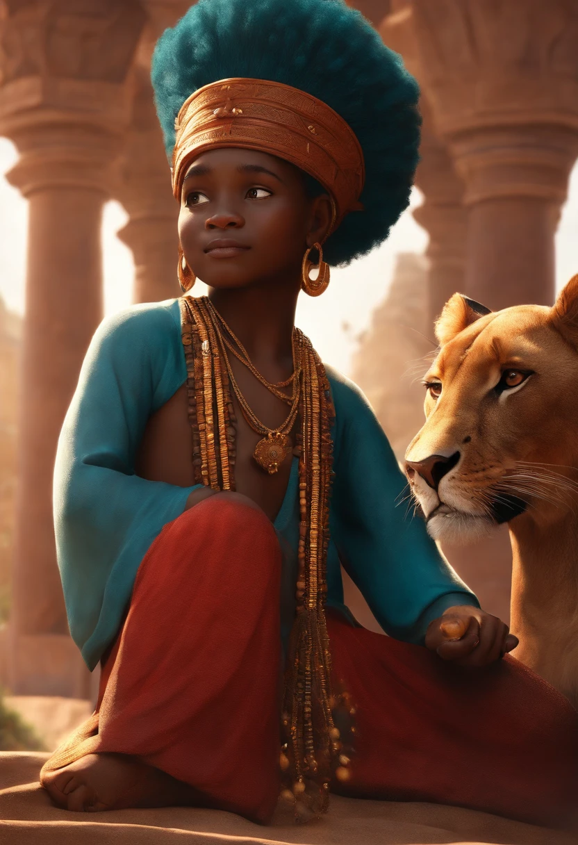imagine Uma versao animada em 3D no estilo da Pixar realista de Foto de arte mais bonito do mundo, Xangó , The African Orisha, homem forte,roupas vermelha ,Orisha of the justice of the men of Thunder ,vermelho, olhar suave, cosmic god,impressionismo,Afrofuturista,com um leao ao seu lado,