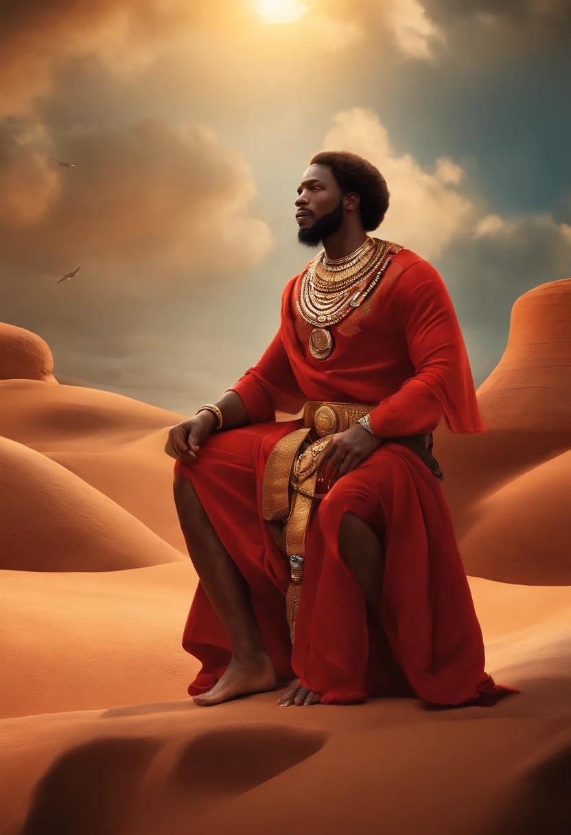 imagine Uma versao animada em 3D no estilo da Pixar realista de Foto de arte mais bonito do mundo, Xangó , The African Orisha, homem forte,roupas vermelha ,Orisha of the justice of the men of Thunder ,vermelho, olhar suave, cosmic god,impressionismo,Afrofuturista,com um leao ao seu lado,