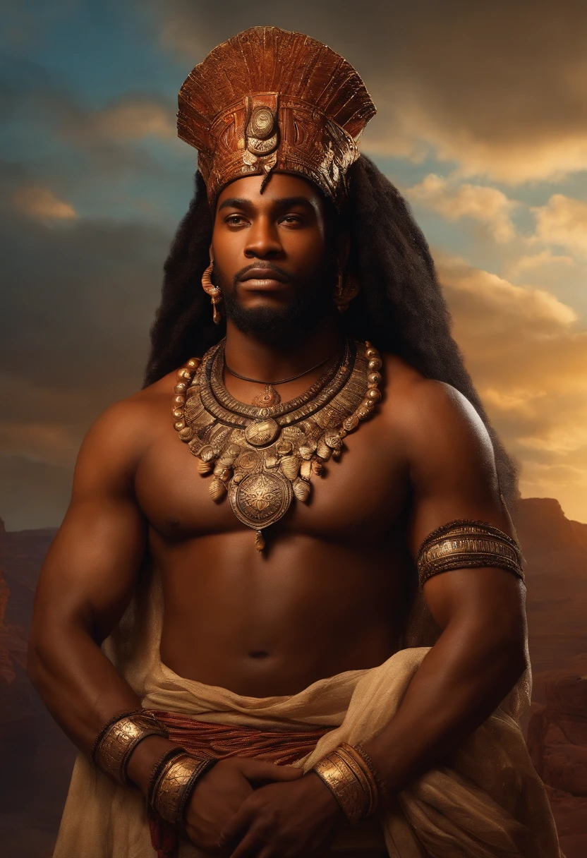 imagine Uma versao animada em 3D no estilo da Pixar realista de Foto de arte mais bonito do mundo, Xangó , The African Orisha, homem forte,roupas vermelha ,Orisha of the justice of the men of Thunder ,vermelho, olhar suave, cosmic god,impressionismo,Afrofuturista,com um leao ao seu lado,